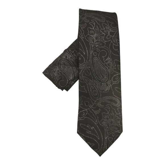 MEN'S FRATELLO TIE & HANKY SET BLACK AND SILVER METALLIC PAISLEY PATTERN. - Picture 1 of 4